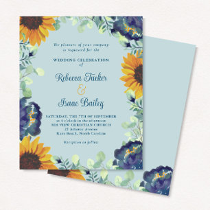 Papier Sunflower Eucalyptus Blue Floral Wedding Invitatio