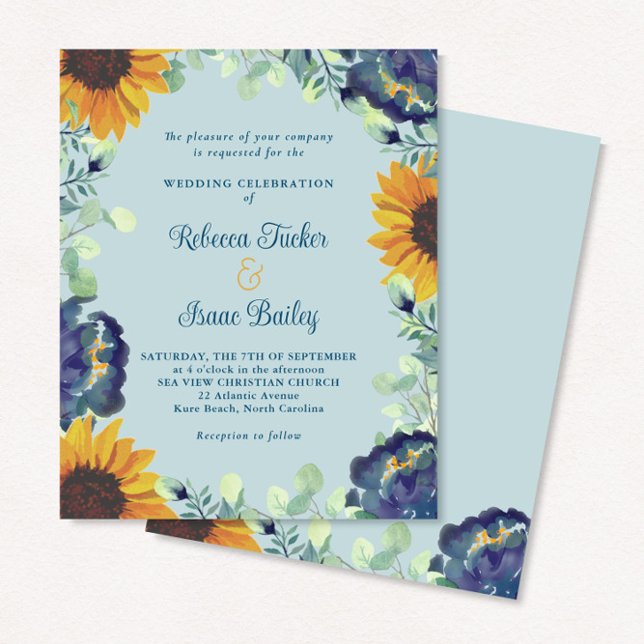 Papier Sunflower Eucalyptus Blue Floral Wedding Invitatio (Créateur téléchargé)