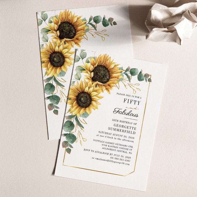 Papier Sunflower Eucalyptus Invitation 50e anniversaire (Sunflower Eucalyptus 50th Birthday Party Invitation Stationery)