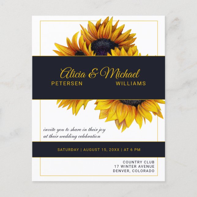 Papier Sunflower marine or faire-part de mariage moderne (Devant)