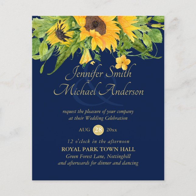 Papier Sunflower Marine Pays Bleu Mariage floral Invitati (Devant)