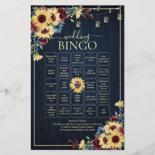 Papier Sunflower Navy Bleu Bourgogne Mariage Jeu de Bingo
