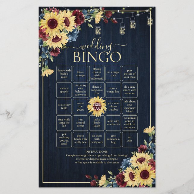 Papier Sunflower Navy Bleu Bourgogne Mariage Jeu de Bingo (Devant)