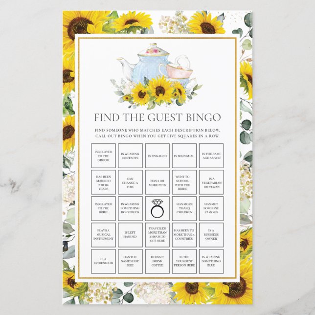 Papier Sunflower Tea Party Bridal Trouvez le Bingo invité (Devant)