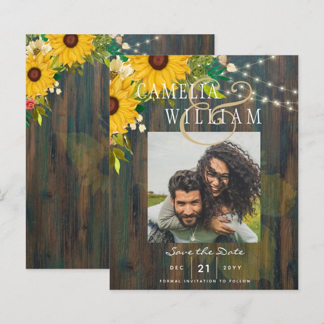 Papier Sunflowers Rustic Wood PHOTO Mariage Enregistrer l (Devant / Derrière)