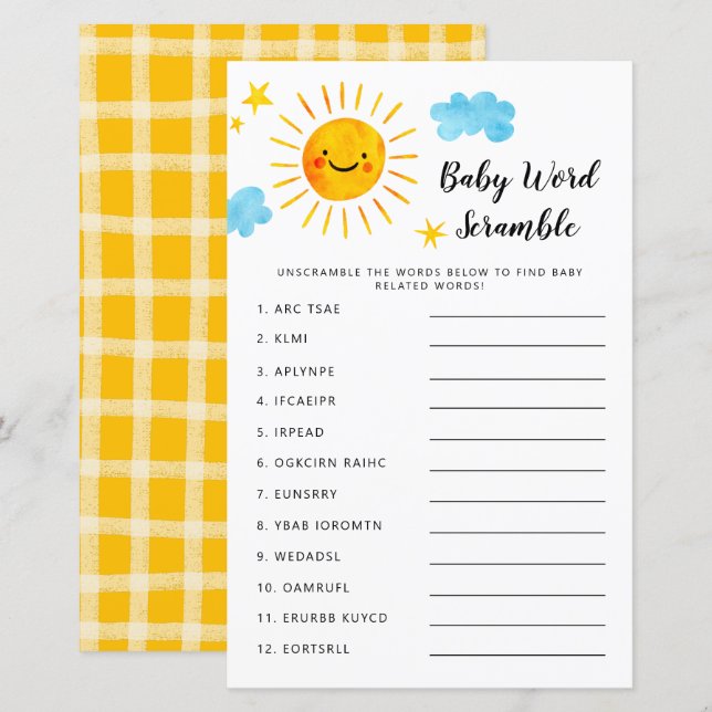 Papier Sunshine Baby shower Word Scramble Jeu (Devant / Derrière)