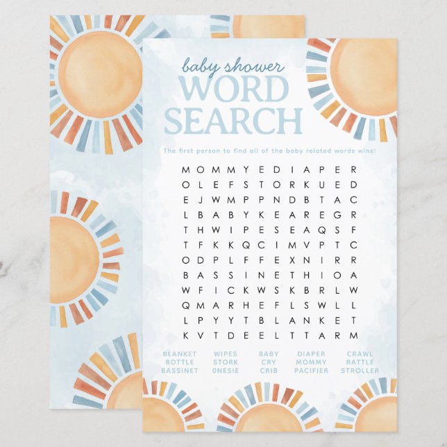 Papier Sunshine Baby shower Word Search Jeu (Devant / Derrière)