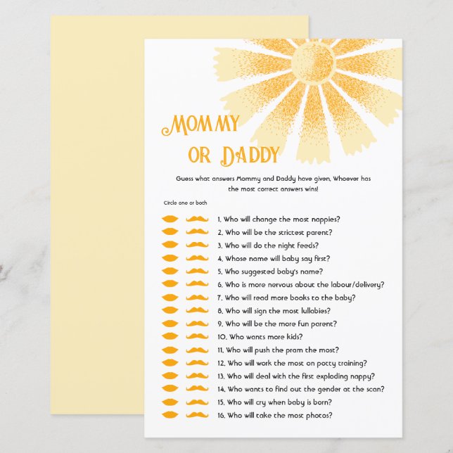 Papier Sunshine Devinez qui a dit It Maman ou papa jeu (Devant / Derrière)