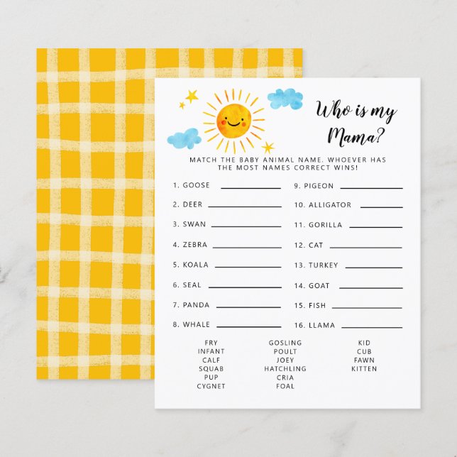Papier Sunshine Qui Est Mon Baby shower Mama Jeu (Devant / Derrière)