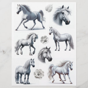 Papier Superbe aquarelle Cheval blanc & Fleurs