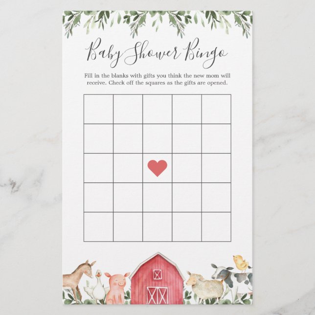 Papier Sur La Ferme Animaux Baby shower Jeu De Bingo (Devant)