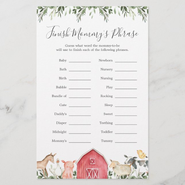 Papier Sur le Baby shower de ferme terminer la phrase de  (Devant)