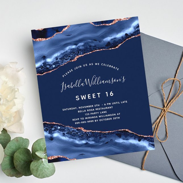 Papier Sweet 16 agate marine bleu rose or invitation (Créateur téléchargé)