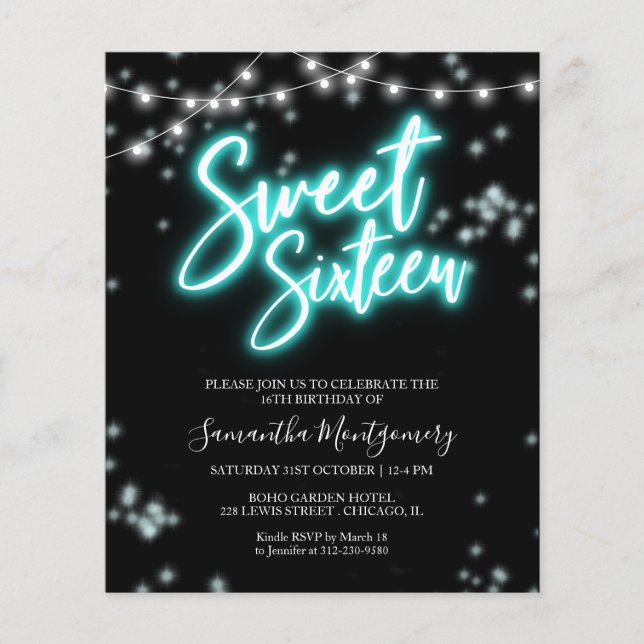 Papier Sweet 16 Anniversaire Turquoise Neon Glow Budget I (Devant)