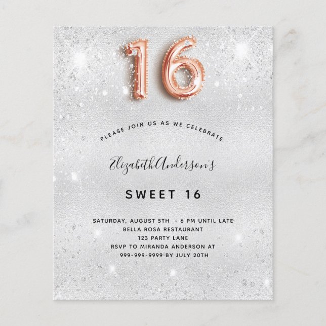 Papier Sweet 16 argent rose or budget invitation (Devant)