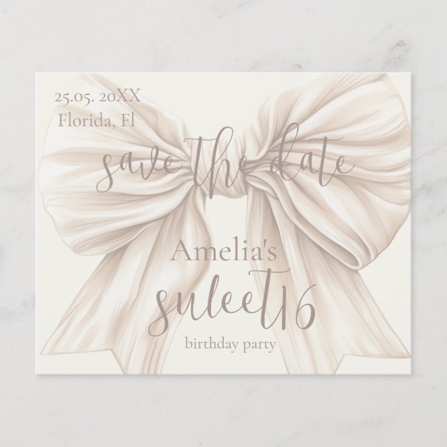 Papier Sweet 16 Beige Bow Aquarelle Enregistrer la date (Devant)