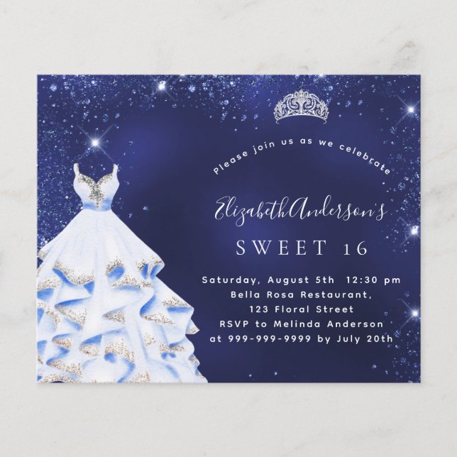 Papier Sweet 16 bleu argent robe budget invitation (Devant)