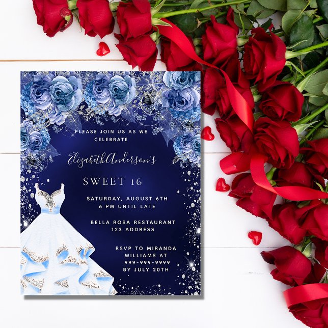 Papier Sweet 16 bleu marine robe invitation florale (Créateur téléchargé)