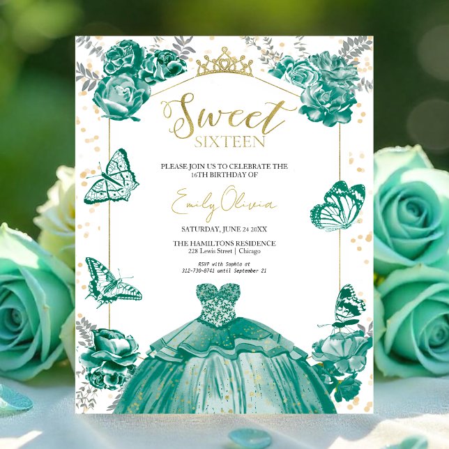 Papier Sweet 16 Budget Invitation Emerald Green Butterfly (Créateur téléchargé)