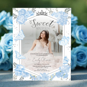 Papier Sweet 16 Budget Photo Invitation Papillon Bleu