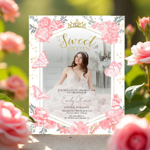 Papier Sweet 16 Budget Photo Invitation Papillon rose