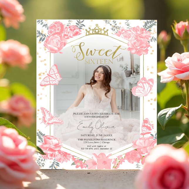 Papier Sweet 16 Budget Photo Invitation Papillon rose (Créateur téléchargé)