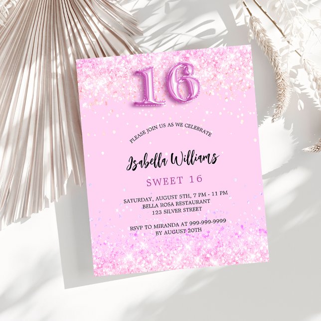 Papier Sweet 16 confetti rose fille invitation budget (Créateur téléchargé)