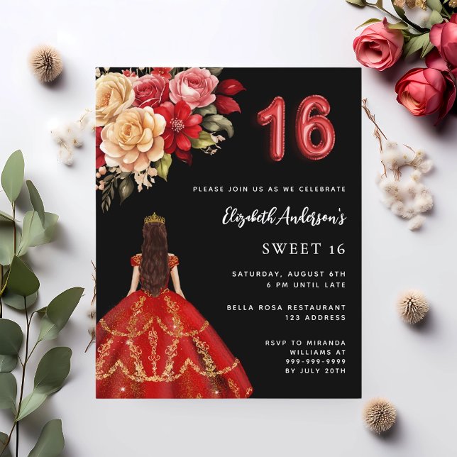 Papier Sweet 16 fleurs de robe rouge noire rose invitatio (Créateur téléchargé)
