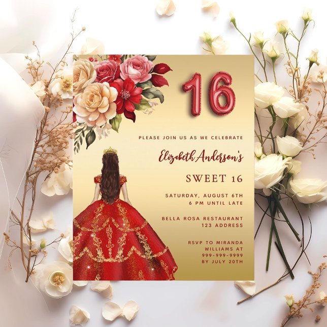 Papier Sweet 16 fleurs de robe rouge or invitation rose (Créateur téléchargé)