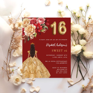 Papier Sweet 16 fleurs de robe rouge or invitation rose