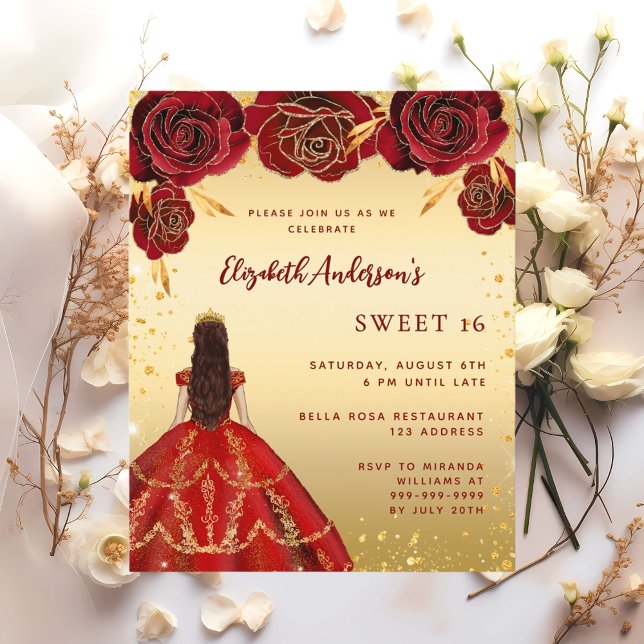 Papier Sweet 16 fleurs de robe rouge or invitations (Créateur téléchargé)