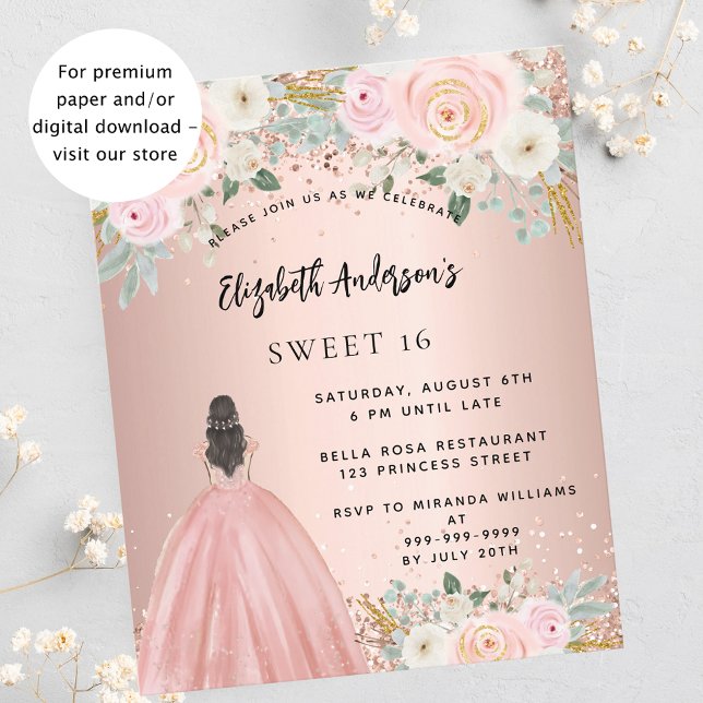Papier Sweet 16 fleurs d'or roses robe budget invitation (Créateur téléchargé)