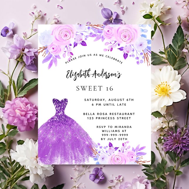 Papier Sweet 16 fleurs rose violet invitation robe (Créateur téléchargé)