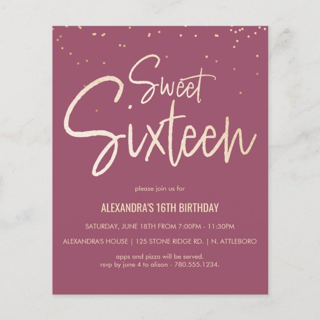 Papier Sweet 16 Or, Élégant, Invitation simple (Devant)