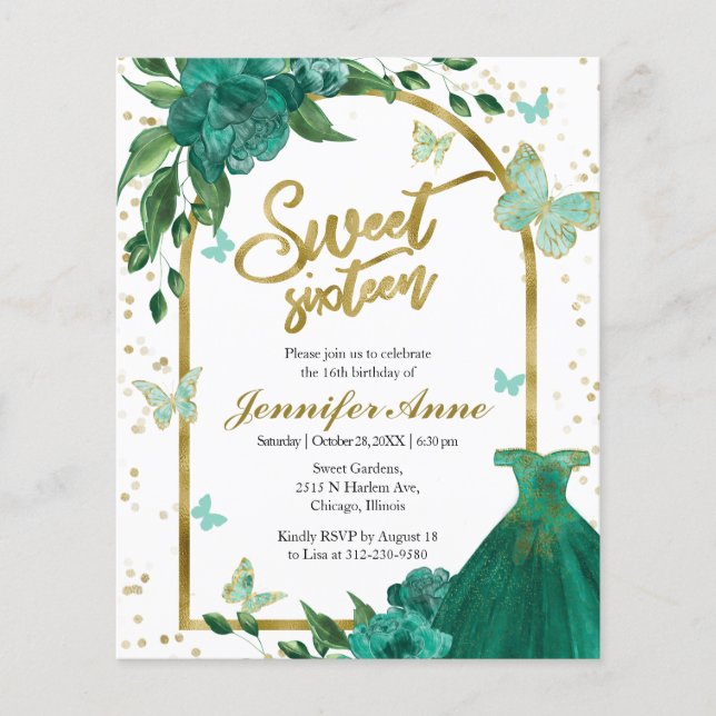 Papier Sweet 16 Papillons Green Budget Invitation (Devant)