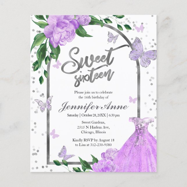 Papier Sweet 16 Papillons Lavande Budget Invitation (Devant)