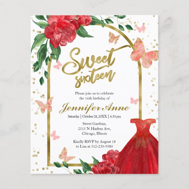 Papier Sweet 16 Papillons Rouge Budget Invitation (Devant)