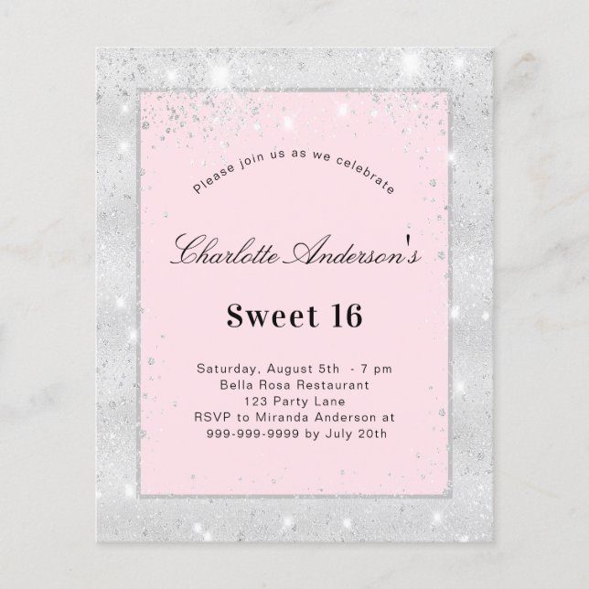 Papier Sweet 16 partie argent roux rose budget invitation (Devant)