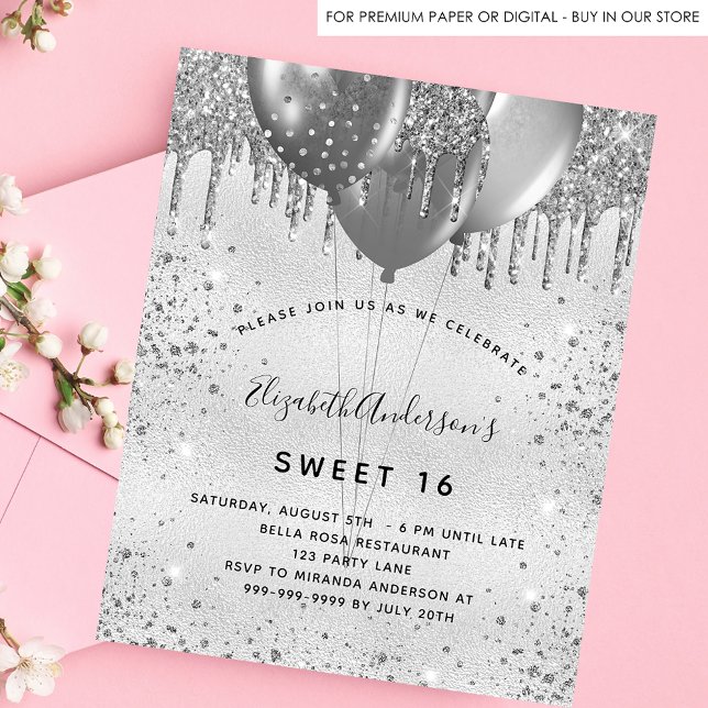 Papier Sweet 16 parties scintillant argent invitation bud (Créateur téléchargé)