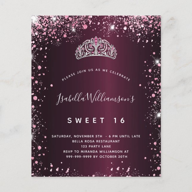 Papier Sweet 16 parties scintillant rose bordeaux invitat (Devant)