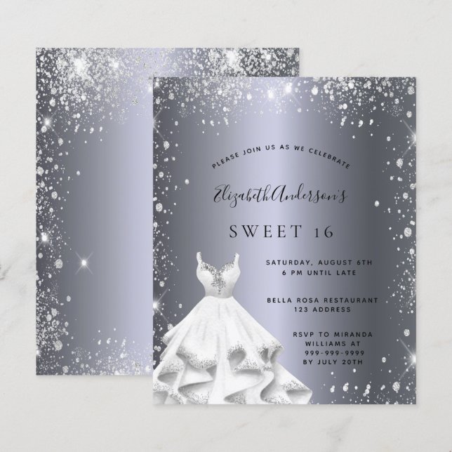 Papier Sweet 16 robe argentée parties scintillant invitat (Devant / Derrière)