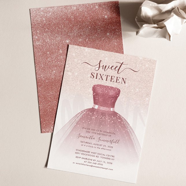 Papier Sweet 16 Robe d'or Rose Invitation de fête d'anniv (Sweet 16 Rose Gold Sxteenth Birthday Party Invitation)