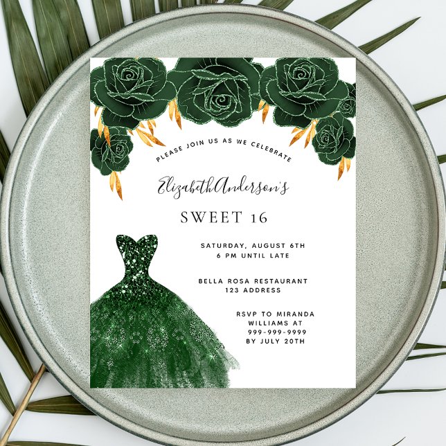 Papier Sweet 16 robe d'or vert invitation budget floral (Créateur téléchargé)