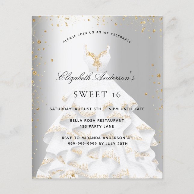 Papier Sweet 16 robe or argent invitation (Devant)