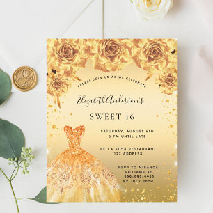 Papier Sweet 16 robe or fleurs budget invitation