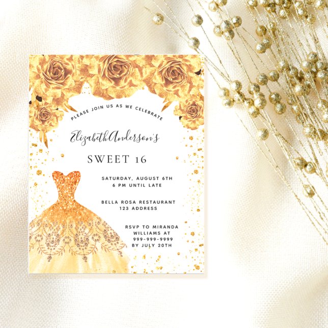 Papier Sweet 16 robe or floral blanc invitation (Créateur téléchargé)