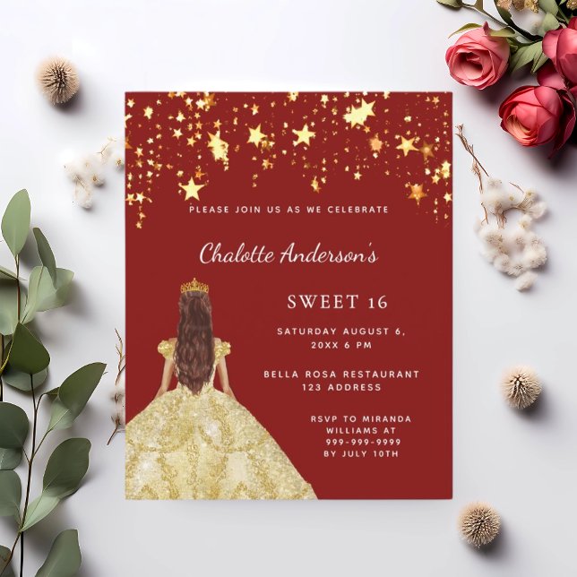 Papier Sweet 16 robe rouge or étoiles invitation (Créateur téléchargé)