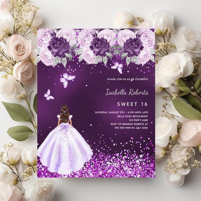 Papier Sweet 16 robe violet fleurs roses invitation (Créateur téléchargé)
