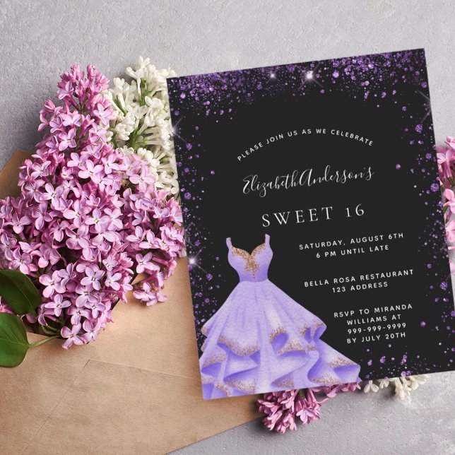 Papier Sweet 16 robe violet noir invitation budget (Créateur téléchargé)