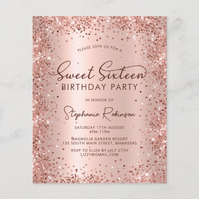 Papier Sweet 16 Rose Parties scintillant or Invitation An (Devant)